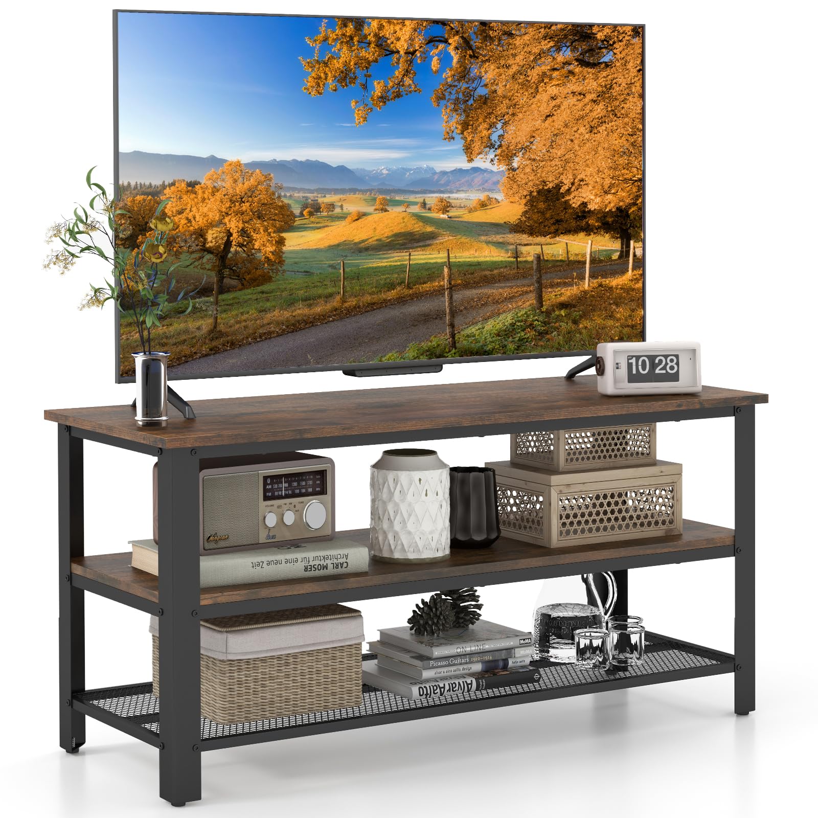 Petit meuble TV Tangkula pour téléviseurs jusqu'à 50 pouces, table console TV à 3 niveaux avec prises de courant, ports USB